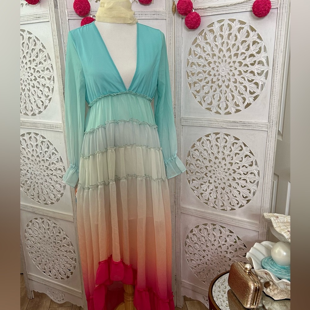 Gradient Ombre Ruffled Boho Dress